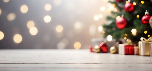 Christmas tree with presents on bokeh background. Banner with copy space