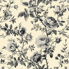 Hand Drawn Pattern With Vintage Kitchen Toile de Jouy 08