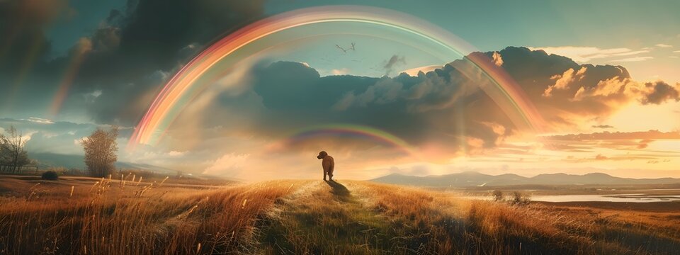 A golden retriever dog stand alone in front the beautiful rainbow in nature
