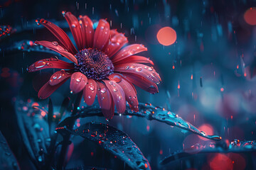 A cyberpunk daisy blooms with dew drops on it, Illuminated by neon lights.