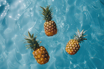 Three pineapples falling into the water of a pool illuminated by the sun. Summertime concept.