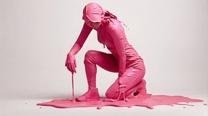 Female figure on which pink paint has been spilled on a silver background - 774072812