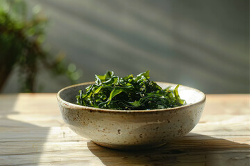 A plate with green salad made from chukka seaweed on a wooden table, illuminated by bright sunlight. Vegan seafood.