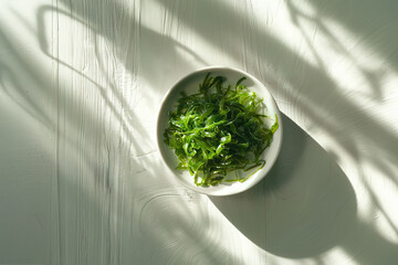 Top view to a plate with green salad made from chukka seaweed on a wooden table, illuminated by bright sunlight. Vegan seafood.