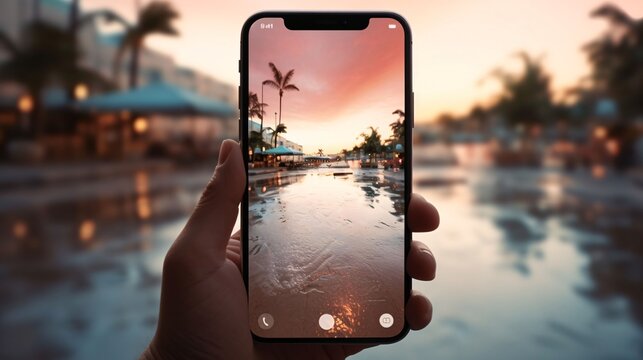 travel concept - tourist taking picture with smart phone on beach at sunset