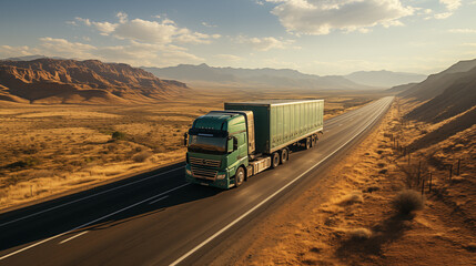 3D rendering of a green truck on the road in the desert
