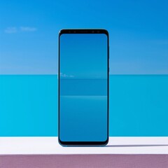 Smartphone with blue screen on white table and swimming pool background.