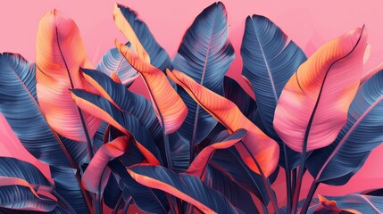Floral tropical palms and banana leaves in a summer style. Pattern modern seamless on pink background. Plant flower nature wallpaper. - obrazy, fototapety, plakaty