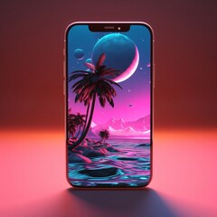 Smartphone with night landscape and palm trees on the screen. 3d rendering