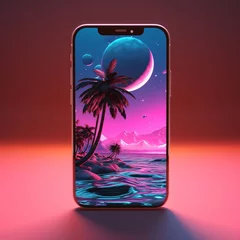 Muurstickers Smartphone with night landscape and palm trees on the screen. 3d rendering © Hawk