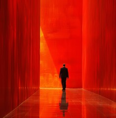 A man stands in front of a red wall