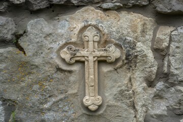 A cross carved from stone on a rock in the medieval style is a symbol of Christianity and the Holy Spirit, close-up - obrazy, fototapety, plakaty