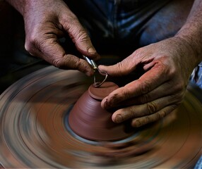 Closeup of a potter making a dish out of clay