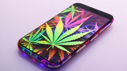 Smartphone with cannabis leaf on the screen. Concept of legalization of the cannabis. - obrazy, fototapety, plakaty