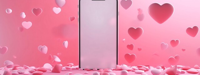 Smartphone with pink hearts on a pink background. 3d rendering