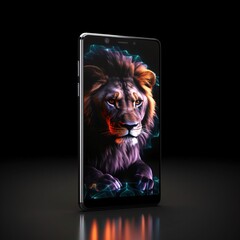Smartphone with a lion on a black background. 3d rendering
