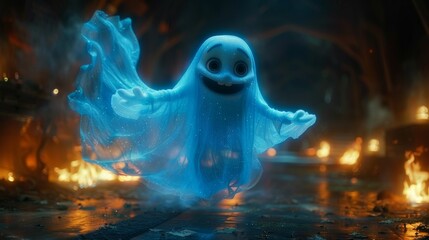 A blue ghost with a smile on its face is flying through a fire