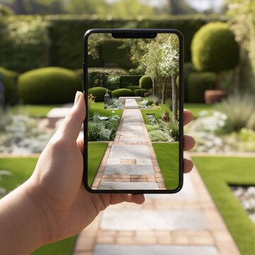 Taking photo on smart phone concept. Hand holding smartphone with photo of garden.