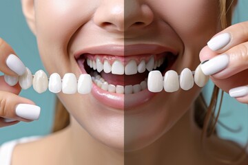 A woman is holding a row of white teeth in her mouth - obrazy, fototapety, plakaty