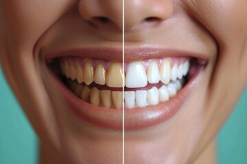 A woman's teeth with one side being a close up of her teeth with a yellowish tin