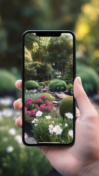 Taking photo on smart phone concept: hand holding smartphone with flower garden background