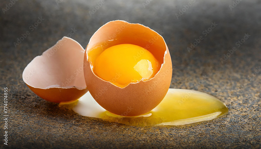 Wall mural broken brown chicken egg in half with yellow yolk inside the eggshell. fresh and natural food.