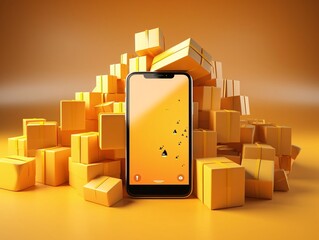 3d rendering of a mobile phone with boxes on a orange background