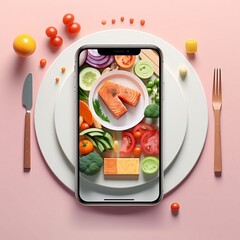 Healthy food concept. Smartphone with healthy food in plate on pink background