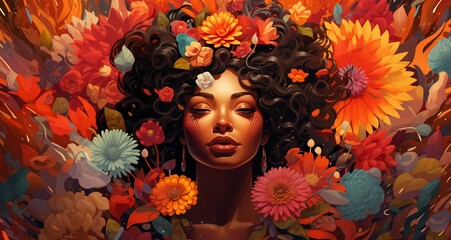 A mesmerizing isometric illustration capturing the essence of a black woman intertwined with blooming flowers, evoking a sense of harmony and vitality.