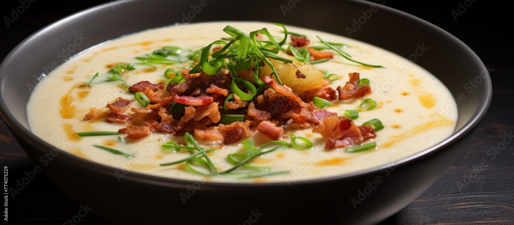 Sticker The delicious soup in a bowl contains savory bacon and chunks of tender potatoes, creating a hearty and comforting meal