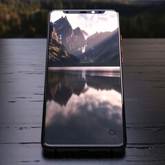 Smartphone on wooden table with mountain reflection in the lake. 3d rendering