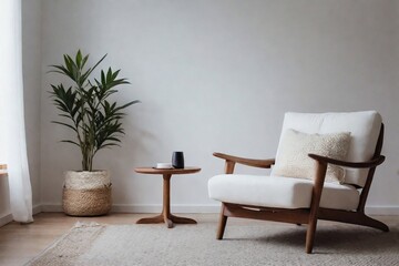 White minimal living room with an armchair and empty wall in a Japandi style. Beautiful natural light with a comfortable and relaxed feeling.