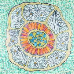 Abstract flower mandala with striped background. The dabbing technique near the edges gives a soft focus effect due to the altered surface roughness of the paper. - 774075267