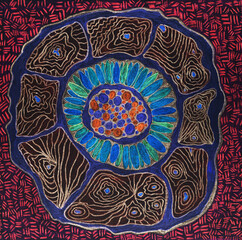 Blue mandala with black and red background. The dabbing technique near the edges gives a soft focus effect due to the altered surface roughness of the paper.