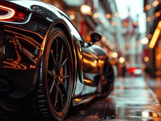 A close-up of a sleek sports car with custom rims parked on a city street