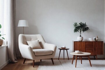 White minimal living room with an armchair and empty wall in a Japandi style. Beautiful natural light with a comfortable and relaxed feeling.