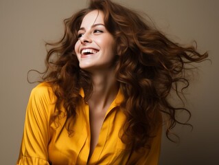 A woman with long hair is smiling and laughing while wearing bright clothing