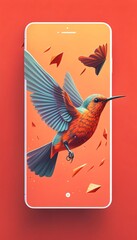 Smartphone with flying hummingbird and autumn leaves. Vector illustration.