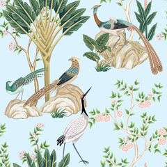 Vintage botanical garden tree, banana tree, Chinese birds, crane floral seamless pattern. Exotic chinoiserie wallpaper. - 774075613