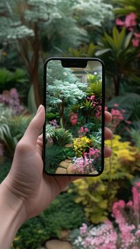 Taking photo on smart phone concept. Hand holding smartphone with blurred garden background.
