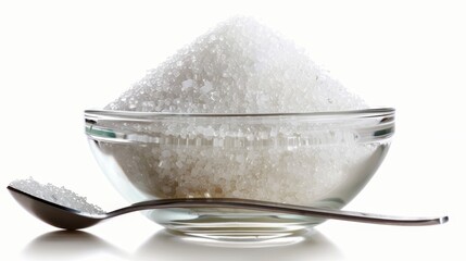 In a white background, sugar is poured into a glass bowl