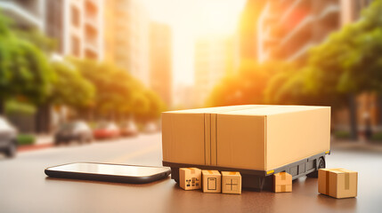 E commerce HD 8K wallpaper Stock Photographic Image.Boxes stacked on top of a mobile phone  with a sky background
