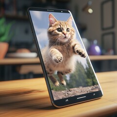 Cute cat on smartphone screen. Social media concept. 3D Rendering