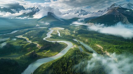 Aerial image of the Jasper National Park area, Alberta, Canada  - obrazy, fototapety, plakaty
