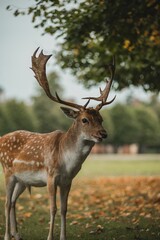 Vertical shot of the red deer (Cervus elaphus) with horns standing in the park with fallen leaves