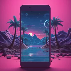 Stickers meubles Rose  Mobile phone with night landscape with palm trees. 3d illustration.