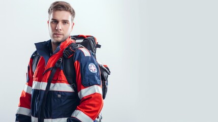 Paramedic wearing a paramedic uniform, with medical equipment, isolated on white background