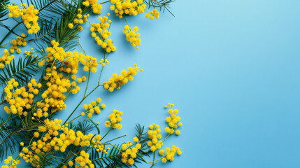Vibrant Yellow Mimosa Flowers on a Blue Background