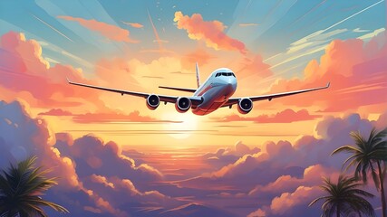 In this digital illustration, an airplane glides gracefully above a line of palm trees against the backdrop of a clear sunset sky. The airplane is rendered with bold lines and vibrant colors, exuding  - obrazy, fototapety, plakaty