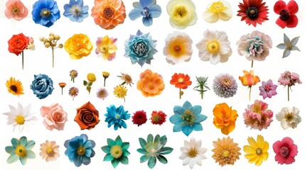 This is a colossal collection of 120 in 1 blue, orange, red, yellow, turquoise, pink and purple flowers isolated on white. - obrazy, fototapety, plakaty